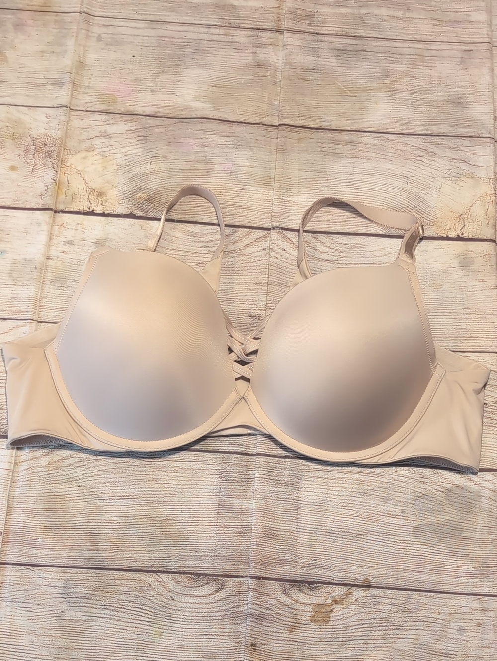 Torrid Women's Tan Plunge Push Up Bra Underwire Padded Crisscross Detail Sz 44B